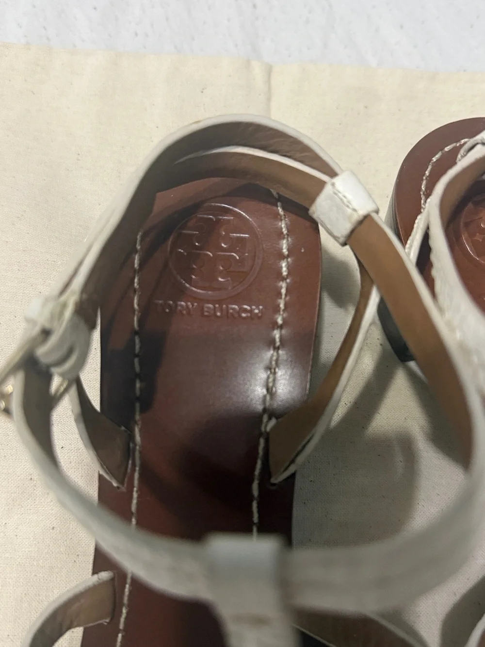 Tory Burch White Leather Logo T-Strap Sandals